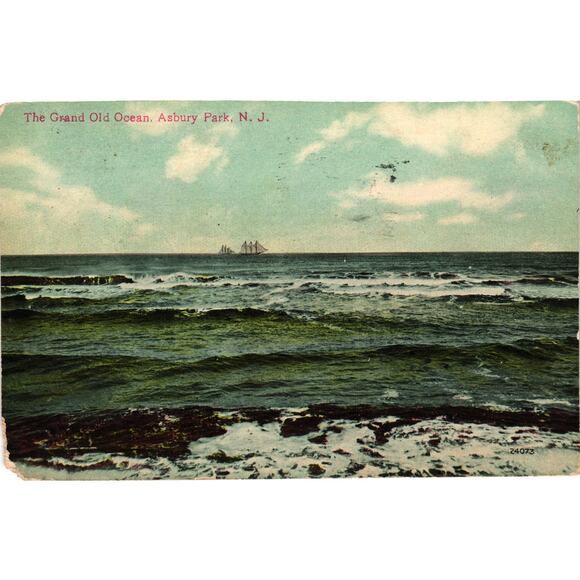 1909 Asbury Park NJ Ocean View Postcard Grand Old Ocean Sailboat Scene - Picture 1 of 2